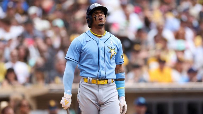 Tampa Bay Rays' Wander Franco reacts after hitting a foul fly ball down the right field line in the seventh inning of a baseball game against the San Diego Padres, Sunday, June 18, 2023, in San Diego. (Derrick Tuskan/AP Photo)