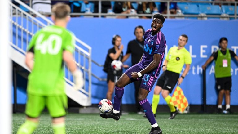 Charlotte FC forward Patrick Agyemang (33) reacts during the second half of an MLS soccer match against CF Montreal, Saturday, June 24, 2023, in Charlotte, N.C. (Matt Kelley/AP)