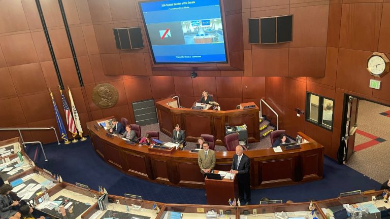 Lawmakers sit at their desks in the Nevada state Senate chambers on Wednesday, June 7, 2023, in Carson City, Nev. The Nevada Legislature convened on Wednesday for a special legislative session to consider whether to provide $380 million for a proposed $1.5 billion stadium that would facilitate the Oakland Athletics' move to Las Vegas. (Gabe Stern/AP)