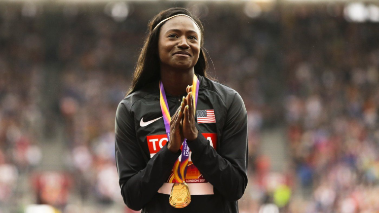 FILE - United States' Tori Bowie gestures after receiving the gold medal she won in the women's 100m final during the World Athletics Championships in London, Monday, Aug. 7, 2017. U.S. Olympic champion sprinter Tori Bowie died from complications of childbirth, according to an autopsy report. Bowie, who won three medals at the 2016 Rio de Janeiro Games, was found dead last month. She was 32. (AP)