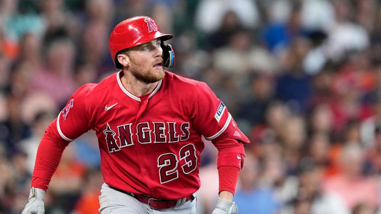 Los Angeles Angels' Brandon Drury runs up the first base line against the Houston Astros during the seventh inning of a baseball game Sunday, June 4, 2023, in Houston. (David J. Phillip/AP)