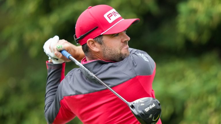 Corey Conners of Canada tees off on the second hole during second round at the Canadian Open golf championship in Toronto on Friday, June 9, 2023. (CP)