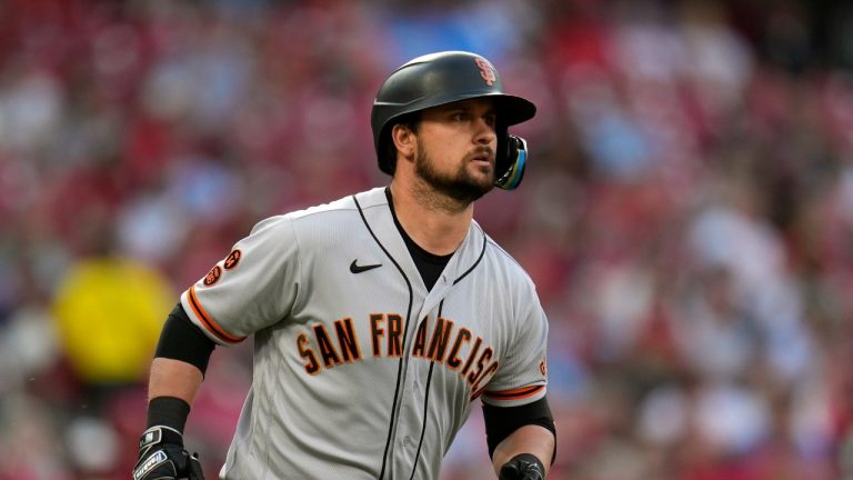 San Francisco Giants' J.D. Davis singles during the third inning of a baseball game against the St. Louis Cardinals Tuesday, June 13, 2023, in St. Louis. (Jeff Roberson/AP)