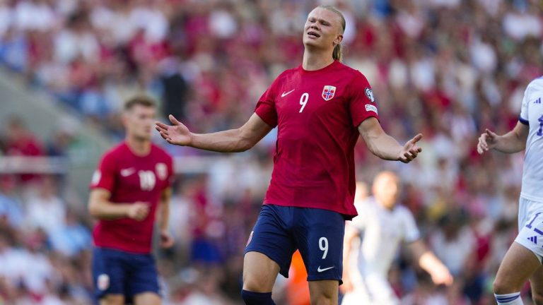 Norway's Erling Haaland reacts during the Euro 2024 group A qualifying soccer match between Norway and Scotland at Ullevaal Stadium. (Fredrik Varfjell/AP)