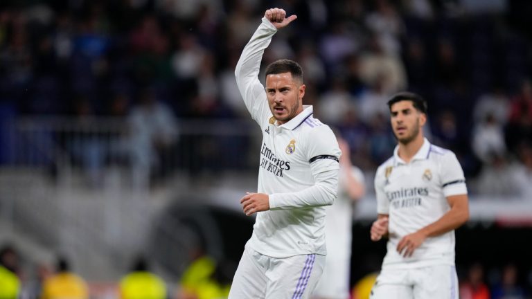 Real Madrid's Eden Hazard gestures during a Spanish La Liga soccer match between Real Madrid and Getafe at the Santiago Bernabeu stadium in Madrid, Spain, Saturday, May 13, 2023. (Manu Fernandez/AP)
