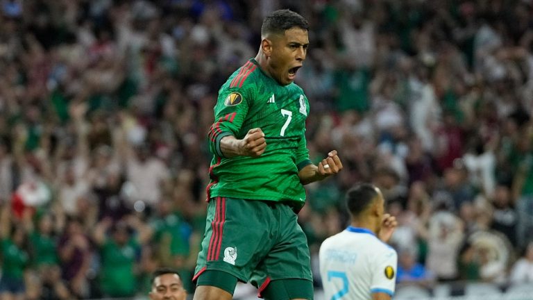 Mexico's Luis Romo (7) celebrates after scoring a goal against the Honduras during the first half of a CONCACAF Gold Cup soccer match Sunday, June 25, 2023, in Houston. (David J. Phillip/AP)