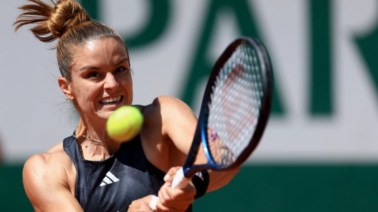 Greece's Maria Sakkari plays a shot against Karolina Muchova of the Czech Republic during their first round match of the French Open tennis tournament at the Roland Garros stadium in Paris, Sunday, May 28, 2023. (Aurelien Morissard/AP)