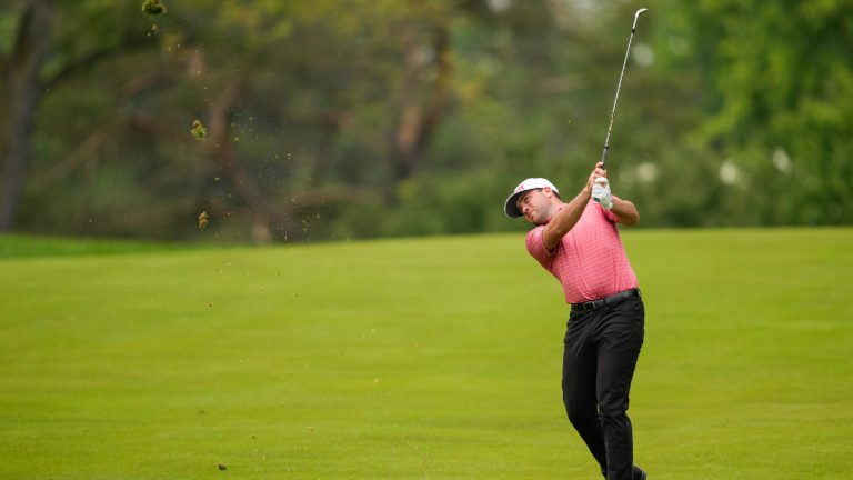 Canadian Stuart Macdonald makes a shot on the sixteenth fairway during the second round of the Canadian Open in Toronto on Friday, June 9, 2023. (Andrew Lahodynskyj/CP)