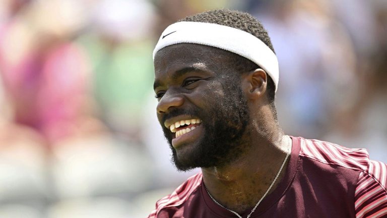 United States' Frances Tiafoe smiles during a semi-final match of the Stuttgart Open against Hungary's Marton Fucsovics, in Stuttgart. (Marijan Murat/AP)
