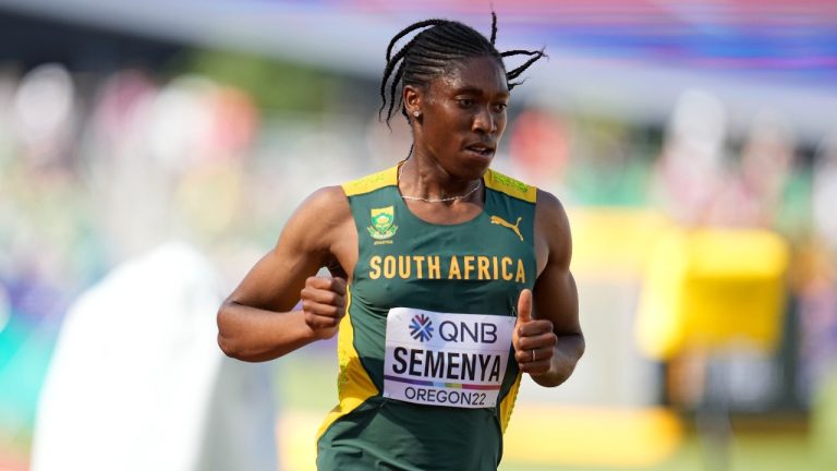 Caster Semenya, of South Africa, competes during a heat in the women's 5000-meter run at the World Athletics Championships on Wednesday, July 20, 2022, in Eugene, Ore. (Ashley Landis/AP)