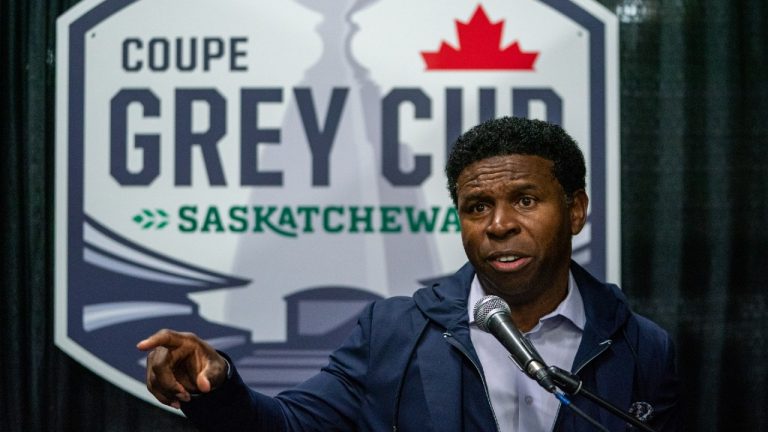 Toronto Argonauts general manager Michael "Pinball" Clemons speaks to the media during a media day ahead of the 109th Grey Cup at Queensbury Convention Centre in Regina, on Thursday, November 17, 2022. THE CANADIAN PRESS/Heywood Yu