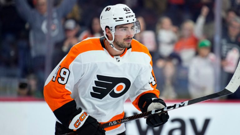 Philadelphia Flyers' Noah Cates reacts after scoring a goal during the second period of an NHL hockey game against the Carolina Hurricanes, Saturday, March 18, 2023, in Philadelphia. (AP Photo/Matt Slocum) 