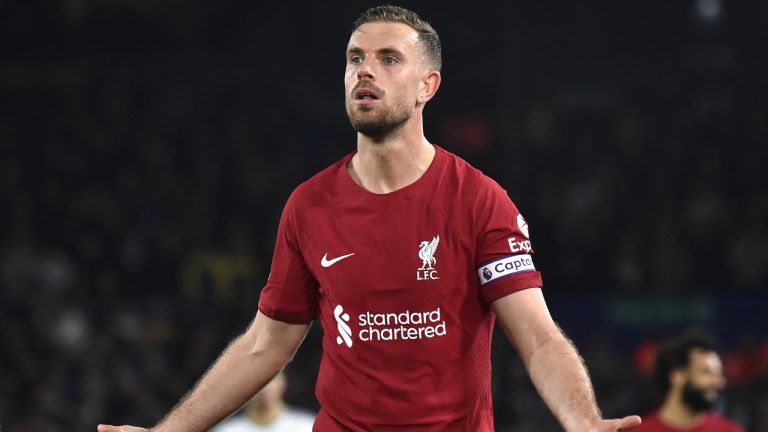 Liverpool's Jordan Henderson reacts during the English Premier League soccer match between Leeds United and Liverpool at Elland Road in Leeds, England, Monday, April 17, 2023. (Rui Vieira/AP) 