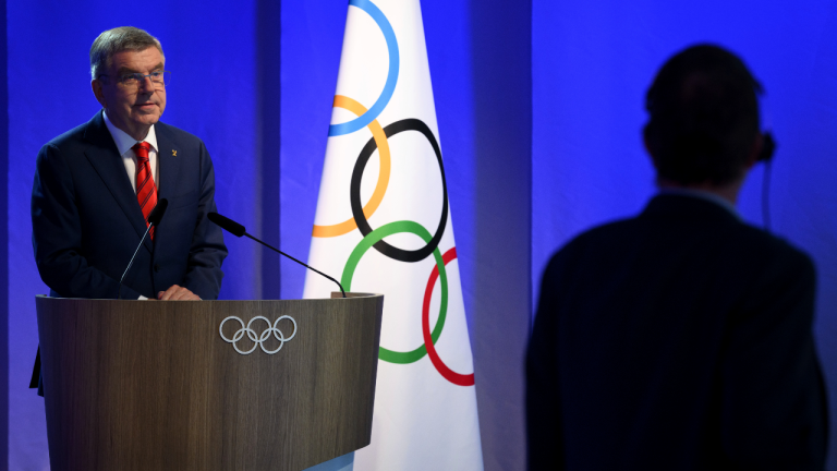 nternational Olympic Committee (IOC) President Thomas Bach speaks at the opening of the extraordinary hybrid 140th IOC Session of the International Olympic Committee (IOC), at the Olympic House, in Lausanne, Switzerland, Thursday, June 22, 2023. (AP)