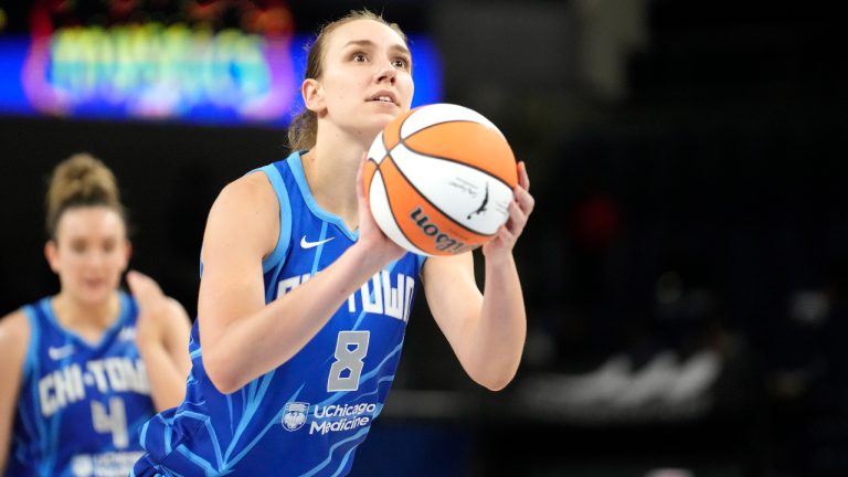 Chicago Sky's Alanna Smith eyes a free throw during a WNBA basketball game against the Washington Mystics Thursday, June 22, 2023, in Chicago. (AP Photo/Charles Rex Arbogast)