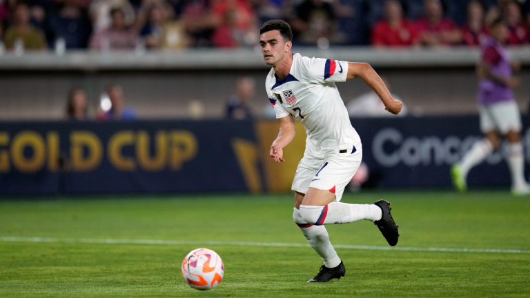 United States' Alan Sonora handles the ball during the second half of a CONCACAF Gold Cup soccer match against St. Kitts & Nevis Wednesday, June 28, 2023, in St. Louis. (AP)