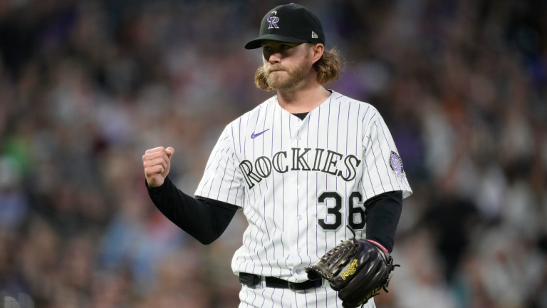Colorado Rockies relief pitcher Pierce Johnson gestures after getting Detroit Tigers' Eric Haase to hit into a double play to end a baseball game Friday, June 30, 2023, in Denver. (AP)