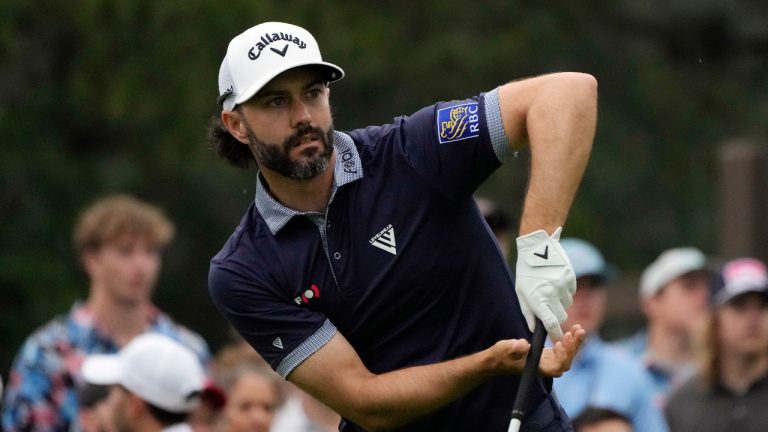 Adam Hadwin drives off the fourth tee during the final round of the Rocket Mortgage Classic golf tournament at Detroit Country Club, Sunday, July 2, 2023, in Detroit. (AP)