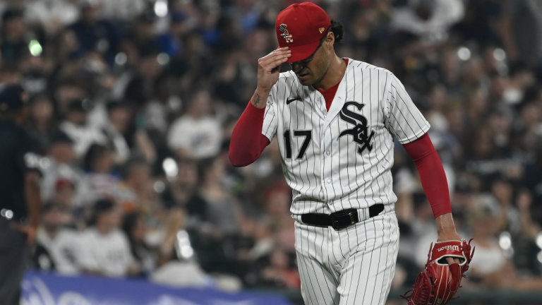 Chicago White Sox relief pitcher Joe Kelly (17) after Toronto Blue Jays' Vladimir Guerrero Jr. hits a two run home run during the eighth inning of a baseball game, Tuesday, July 4, 2023, in Chicago. (AP Photo/Matt Marton)