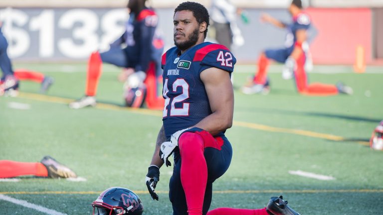 Montreal Alouettes' Tyrell Richards warms up prior to a CFL pre-season football game against the Ottawa Redblacks in Montreal, Friday, June 3, 2022. (Graham Hughes/AP)