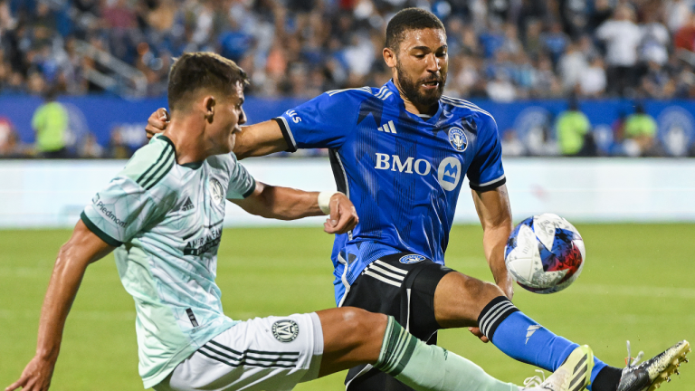 CF Montreal's George Campbell, right, challenges Atlanta United's Miguel Berry during second half MLS soccer action in Montreal, Saturday, July 8, 2023. THE CANADIAN PRESS/Graham Hughes