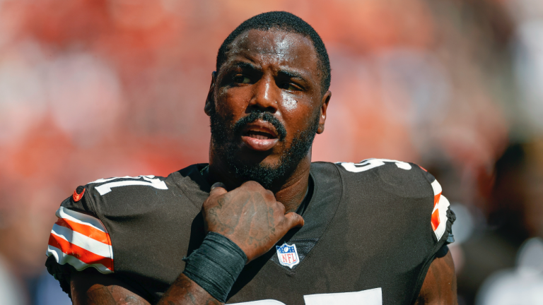 Cleveland Browns defensive tackle Malik Jackson walks off the field after the first half of an NFL football game against the Houston Texans, Sunday, Sept. 19, 2021, in Cleveland. Former Pro Bowl defensive tackle Malik Jackson is retiring after 10 NFL seasons. Jackson made the announcement Friday, July 14, 2023, on the NFL Network.(AP Photo/Ron Schwane, File)