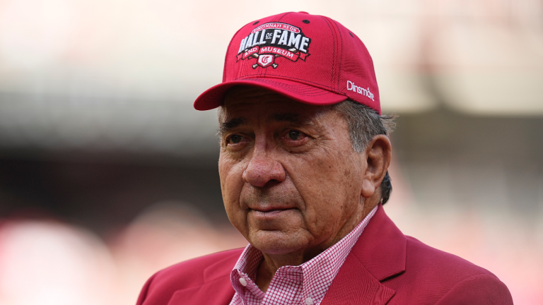Former Cincinnati Reds' player Johnny Bench looks on after being introduced during the Reds Hall of Fame Induction Ceremony before a baseball game between the Reds and the Milwaukee Brewers, Saturday, July 15, 2023, in Cincinnati. (AP Photo/Darron Cummings)