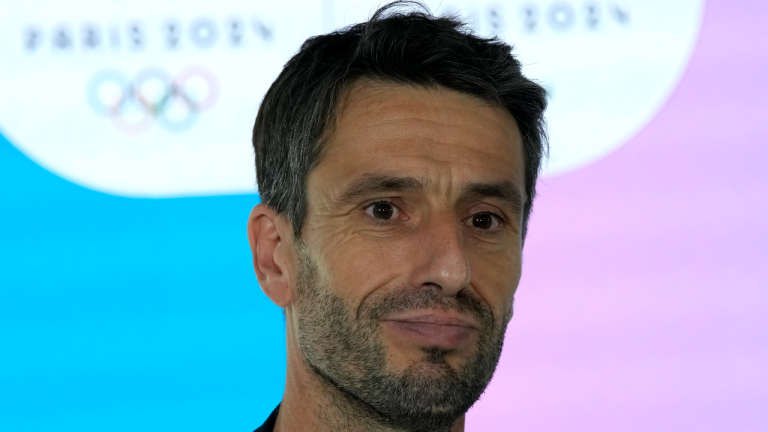 Paris 2024 Olympics Organizing Committee President Tony Estanguet looks on during a press conference at the headquarters of Paris 2024 in Saint-Denis, outside Paris, Tuesday, July 18, 2023. Estanguet said the operating budget for the 2024 Games is "under control" and that partnership deals are on track with one year to go before the opening ceremony. (AP)