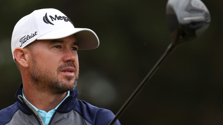 American Brian Harman plays his driver on the 18th tee during the third day of the British Open Golf Championships at the Royal Liverpool Golf Club in Hoylake, England, Saturday, July 22, 2023. (Peter Morrison/AP) 
