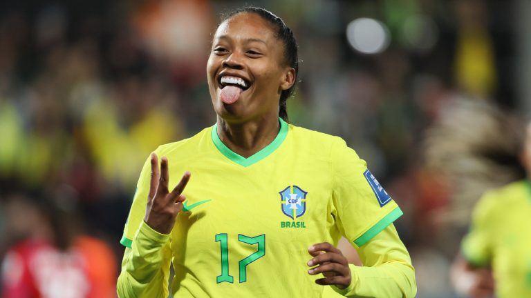Brazil's Ary Borges celebrates her hat trick goal during the Women's World Cup Group F soccer match between Brazil and Panama in Adelaide, Australia, Monday, July 24, 2023. (James Elsby/AP) 