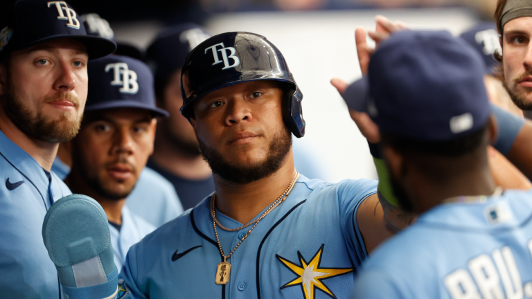 Tampa Bay Rays' Harold Ramirez celebrates in the dugout during a baseball game against the Baltimore Orioles Sunday, July 23, 2023, in St. Petersburg, Fla. (AP)