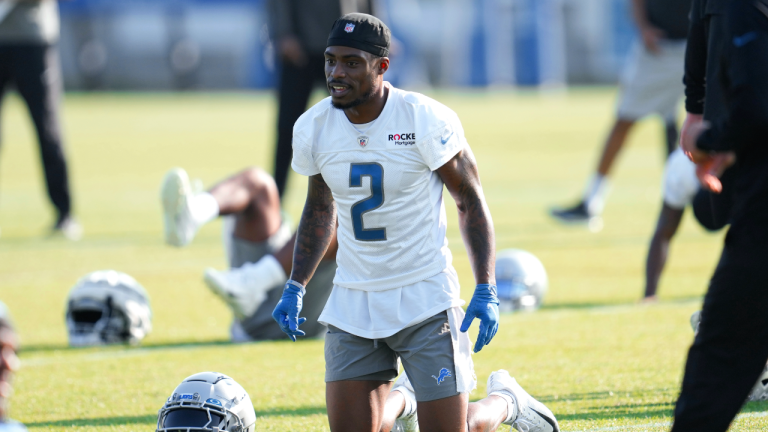 Detroit Lions defensive back C.J. Gardner-Johnson stretches before an NFL football practice in Allen Park, Mich., Monday, July 24, 2023. (AP)