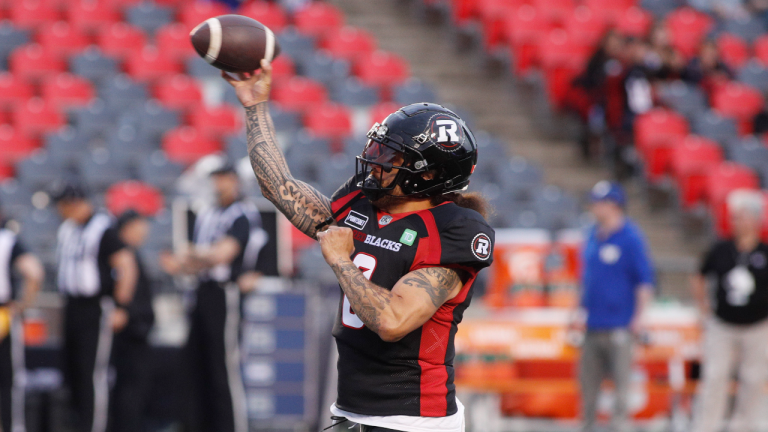 Ottawa Redblacks quarterback Jeremiah Masoli (#8) during warm up at TD Place in Ottawa, Ontario on Friday, June 17, 2022 (CP)