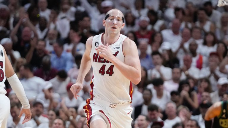 Cody Zeller (44) runs during Game 3 of the NBA basketball playoffs Eastern Conference finals against the Boston Celtics, Sunday, May 21, 2023, in Miami. (Wilfredo Lee/AP)