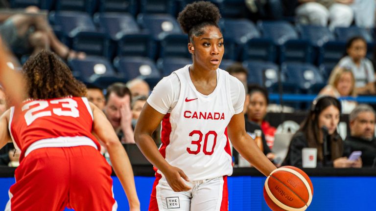 Shy Day-Wilson carries the ball up the court for Canada's U23 Women's team at GLOBL Jam on Saturday, July 15 in Toronto. (Canada Basketball)