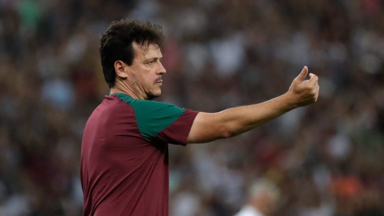 Coach Fernando Diniz of Brazil's Fluminense gives instructions to his players during a Copa Libertadores Group D soccer match against Peru's Sporting Cristal at Maracana stadium in Rio de Janeiro, Brazil, Tuesday, June 27, 2023. (Bruna Prado/AP)