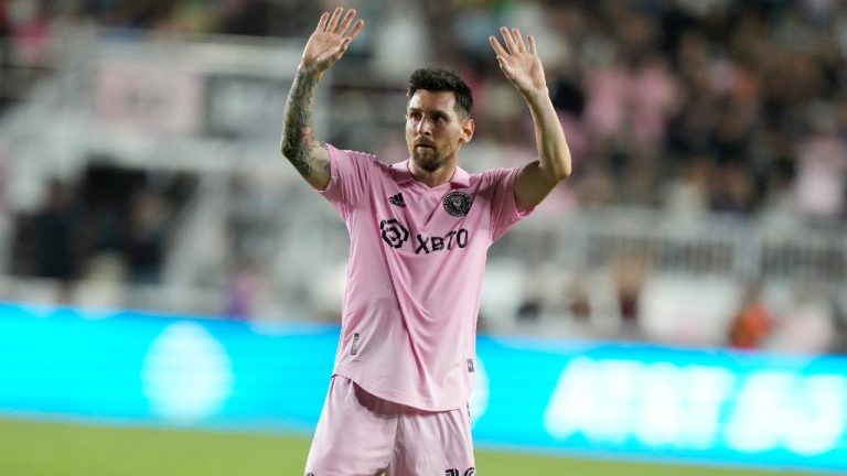 Inter Miami forward Lionel Messi (10) waves as he leaves the game during the second half of a Leagues Cup soccer match against Atlanta United, Tuesday, July 25, 2023, in Fort Lauderdale, Fla. (Lynne Sladky/AP)