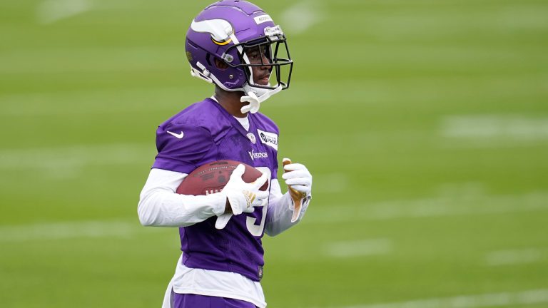 Minnesota Vikings wide receiver Jordan Addison takes part in drills during an NFL football team practice in Eagan, Minn., Friday, May 12, 2023. (Abbie Parr/AP)