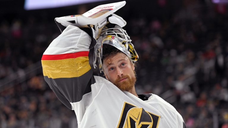 Former Vegas Golden Knights goaltender Laurent Brossoit looks on during a timeout. (David Becker/AP)