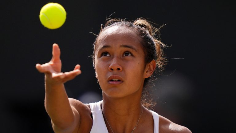Canada's Leylah Fernandez serves to Caroline Garcia of France in a women's singles match on day four of the Wimbledon tennis championships in London, Thursday, July 6, 2023. (Alberto Pezzali/AP)
