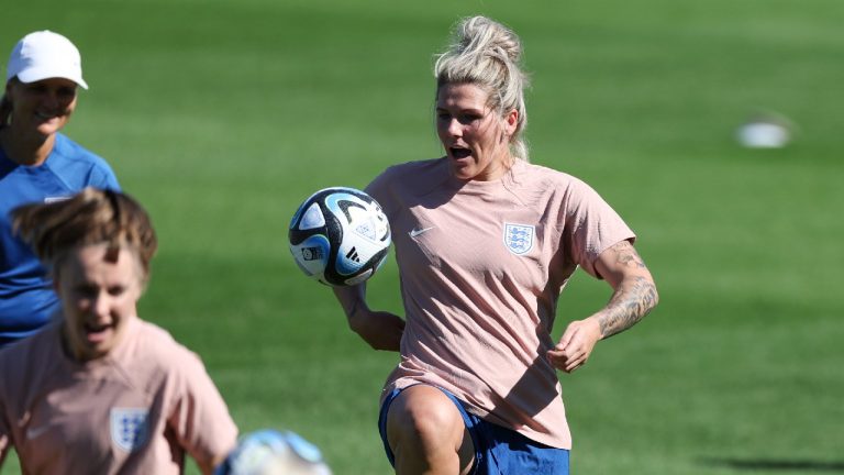 England defender Millie Bright controls the ball during a team practice session in Brisbane, Australia, Friday, July 21, 2023. The European Champions will face Haiti in the opening match of the Group D at Brisbane Stadium Saturday. (Katie Tucker/AP)