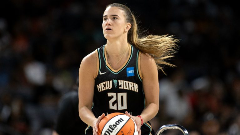 New York Liberty guard Sabrina Ionescu competes during the WNBA All-Star 3-point basketball contest Friday, July 14, 2023, in Las Vegas. (Ellen Schmidt/Las Vegas Review-Journal via AP)