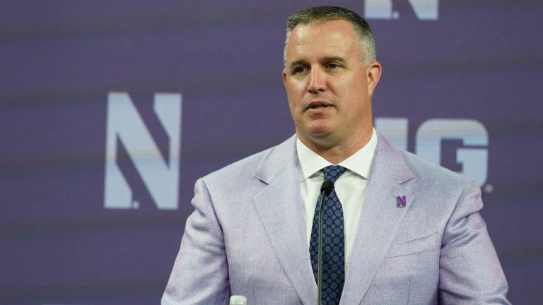 Pat Fitzgerald talks to reporters during an NCAA college football news conference at the Big Ten Conference Media Days at Lucas Oil Stadium, Tuesday, July 26, 2022, in Indianapolis. (Darron Cummings/AP)