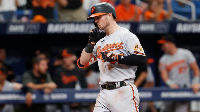 Baltimore Orioles' Ryan O'Hearn celebrates after hitting a home run against the Tampa Bay Rays during the sixth inning of a baseball game Sunday, July 23, 2023, in St. Petersburg, Fla. (Scott Audette/AP)
