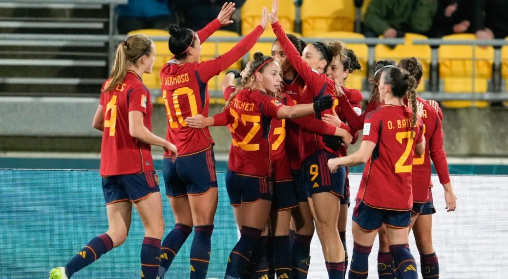 Spain celebrates after scoring their third goal during the Women's World Cup Group C soccer match between Spain and Costa Rica in Wellington, New Zealand, Friday, July 21, 2023.
