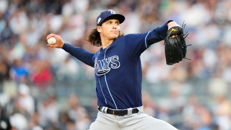 Tampa Bay Rays' Tyler Glasnow pitches during the first inning of a baseball game against the New York Yankees Monday, July 31, 2023, in New York. (Frank Franklin II/AP)