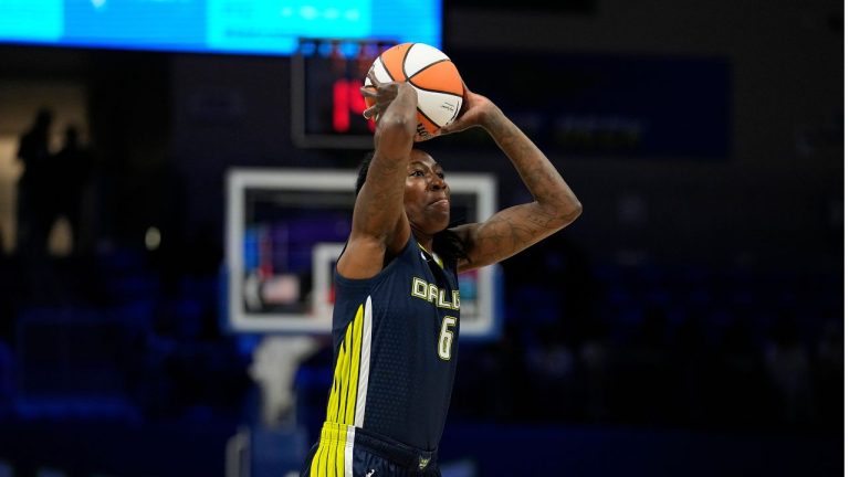 Dallas Wings forward Natasha Howard takes a shot during a WNBA basketball game against the Phoenix Mercury, Wednesday, June 7, 2023, in Arlington, Texas. (Tony Gutierrez/AP Photo)
