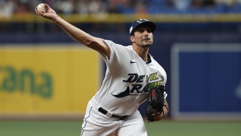 Tampa Bay Rays starting pitcher Zach Eflin throws to a Baltimore Orioles batter during the first inning during a baseball game Friday, July 21, 2023, in St. Petersburg, Fla. (AP)