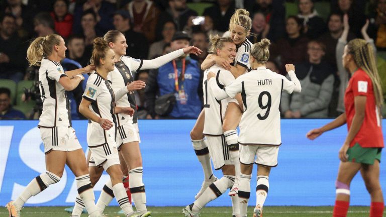 Germany players celebrate after Germany's Alexandra Popp, 4th right, scored the opening goal during the Women's World Cup Group H soccer match between Germany and Morocco in Melbourne. (Hamish Blair/AP)