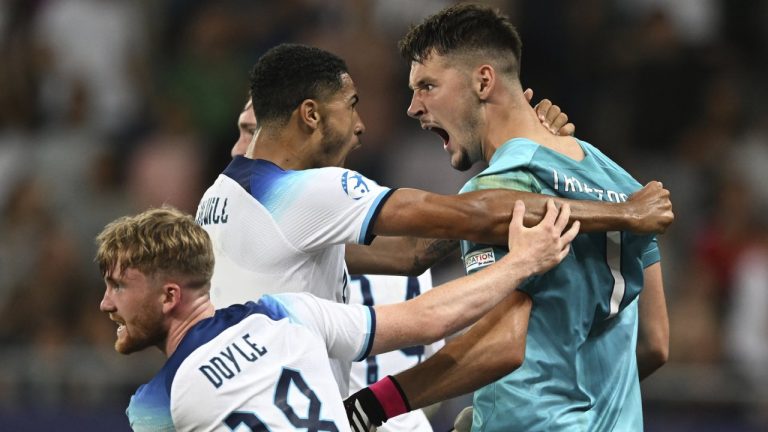England's players celebrate their 1-0 victory in the Euro 2023 U21 Championship final soccer match between England and Spain at the Batumi Arena stadium in Batumi, Georgia, Saturday, July 8, 2023. (Tamuna Kulumbegashvili/AP)